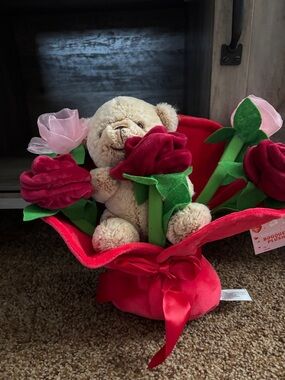 Plush Teddy Bear Bouquet with Red Velvet Roses